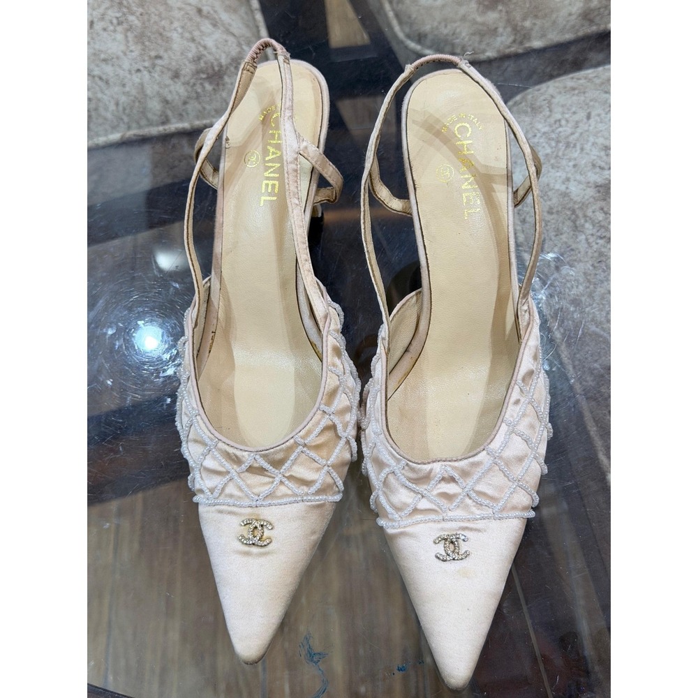 Chanel Beaded Satin Slingback Heels Champagne Crystal CC Logo Pointed Toe 40C